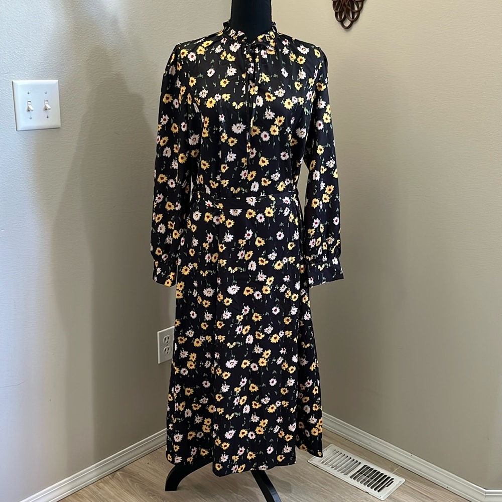 RIHOAS Black Tie Neck Floral Ruched Midi‎ Dress womens size medium